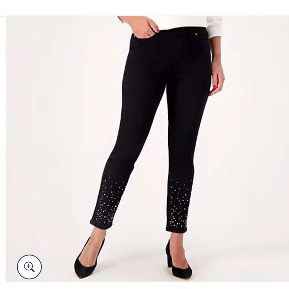 Isaac Mizrah Pull On Black Jeans Rhinestone Hems Size 4